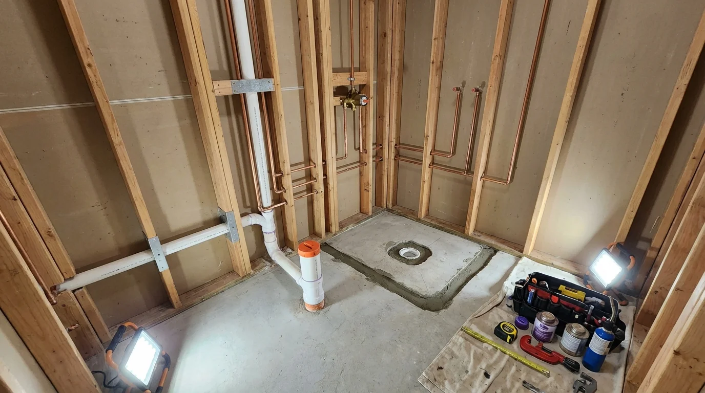 Bathroom rough-in plumbing during remodel by Johns Plumbing LLC in Carmichael