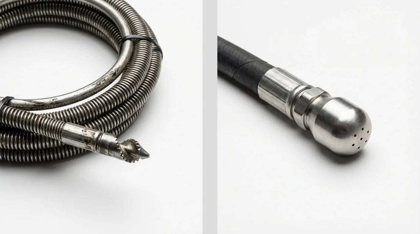 Drain snake cable and hydro jetting nozzle used for drain cleaning in Carmichael, CA